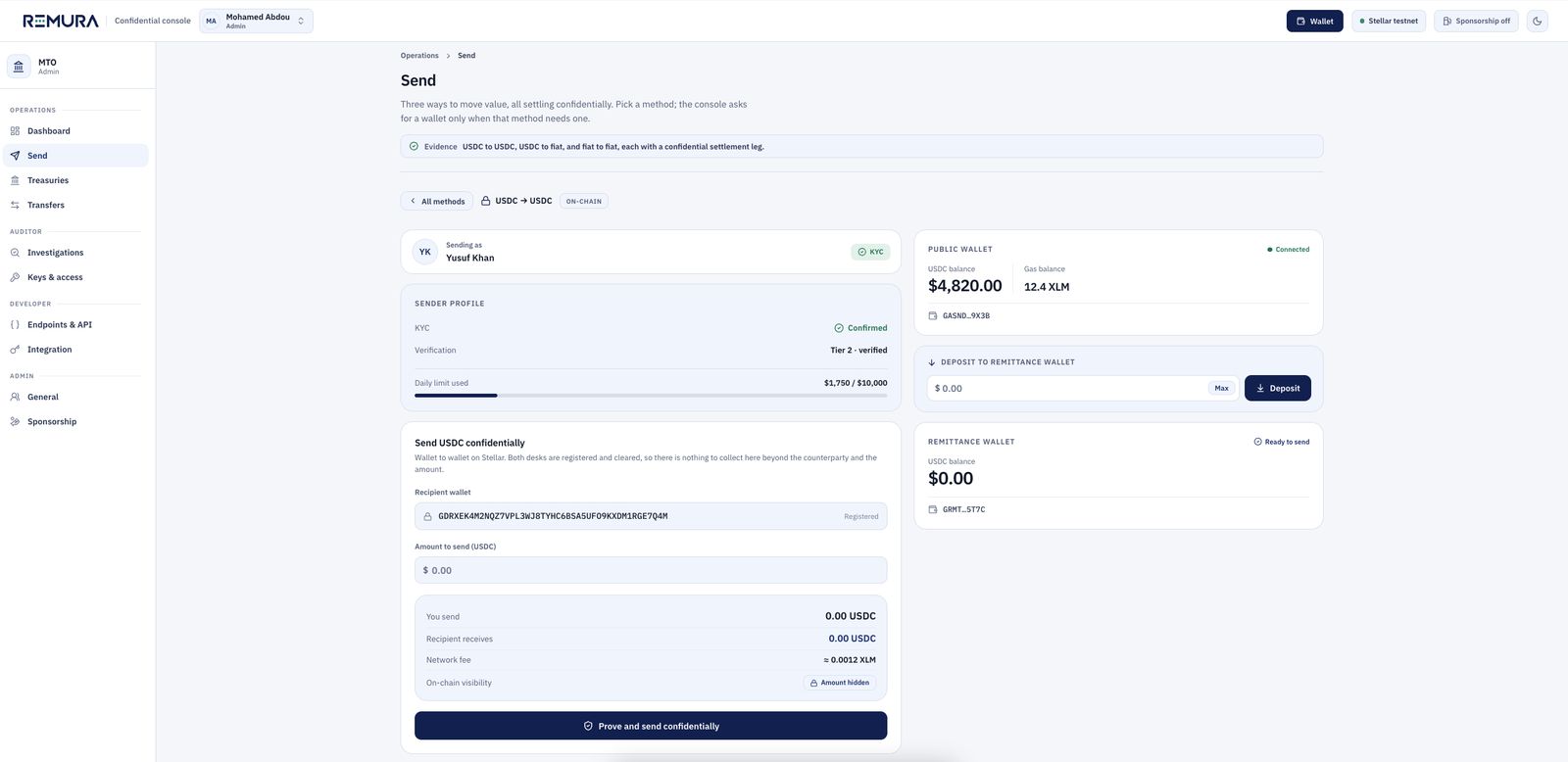 Remura send screen for a confidential USDC to USDC transfer with sender profile, wallets and amount hidden on chain